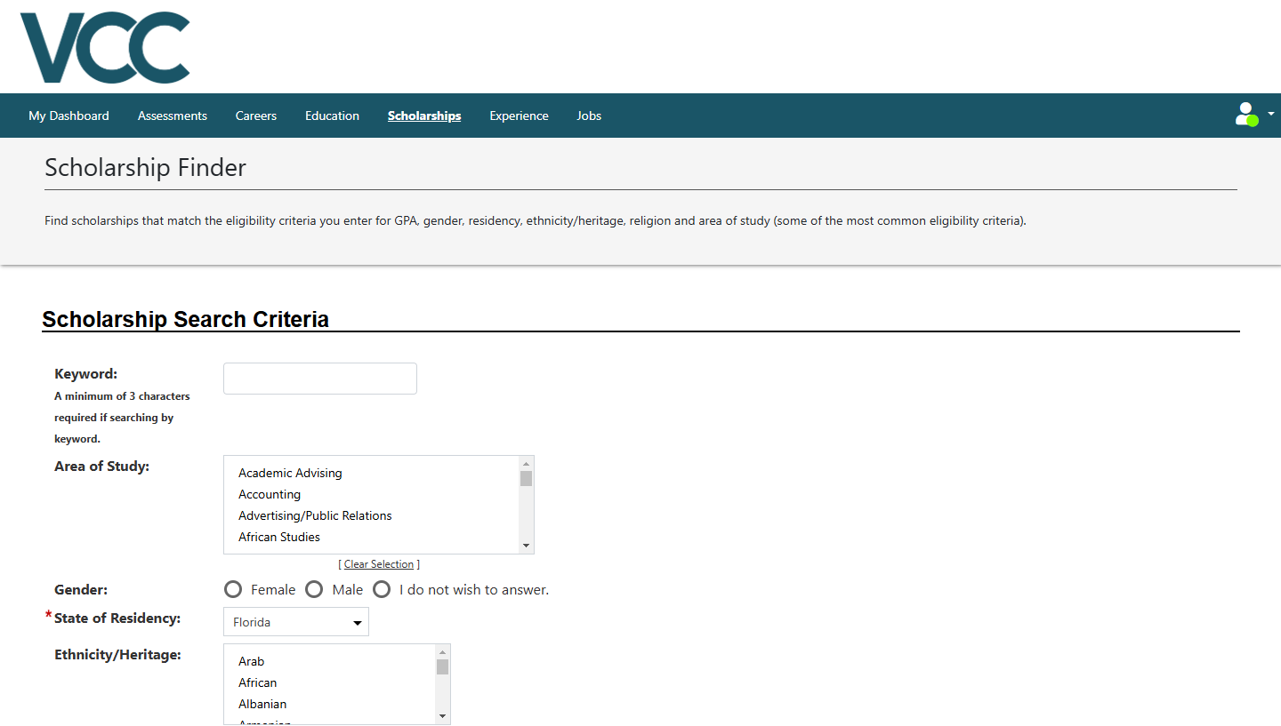 Scholarship Search Tool Screenshot on VCC Site 